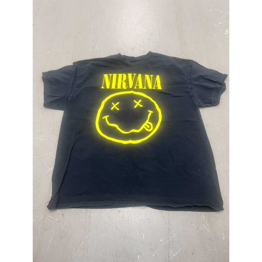 Nirvana T-Shirt Mens Black Cotton Graphic Smiley Face ShortSleeve Streetwear XL